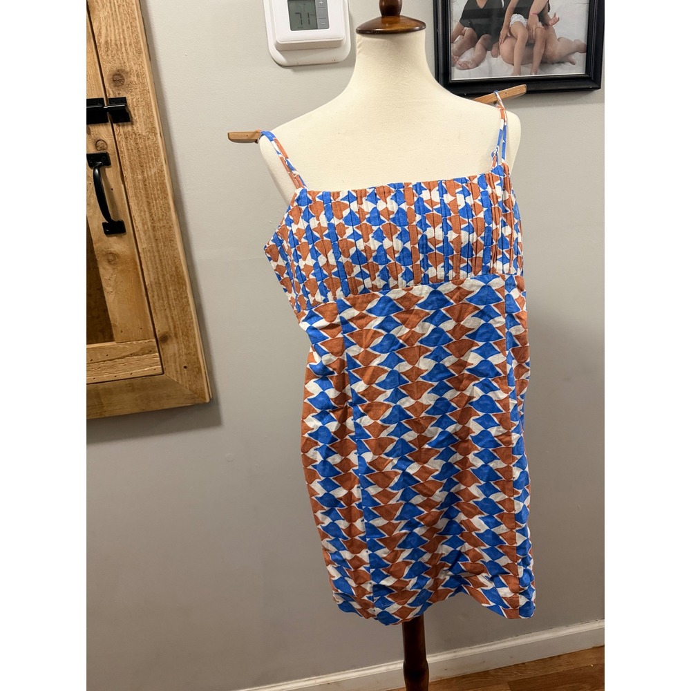 Maeve Anthropologie Ophelia Mini Dress Blue Orange Geometric Linen Blend Size 10 - Picture 7 of 11